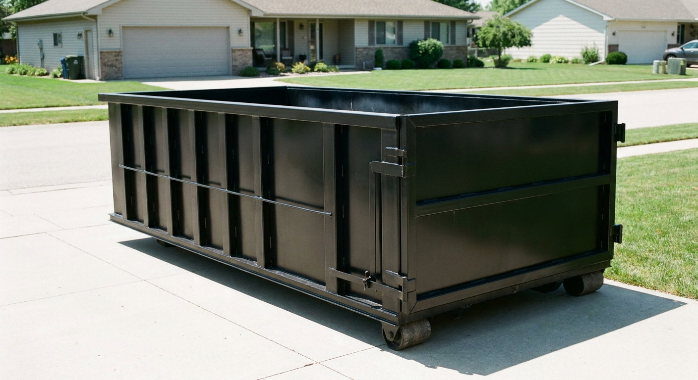 Matte-black 10-yard roll-off dumpster on a residential concrete driveway in Dover, uniformly painted matte black across every panel and rail, ribbed steel sidewalls and rear swing door visible, mid-day daylight.