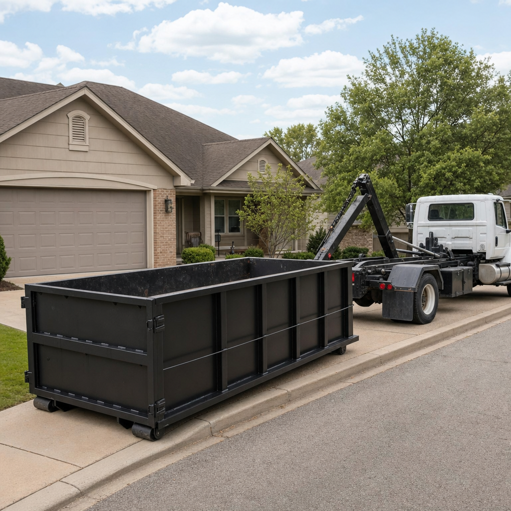 Wide documentary shot of a matte-black roll-off dumpster on a Dover residential driveway in the foreground and a contractor jobsite container in the soft-focus background, bright daylight, calm and orderly composition.