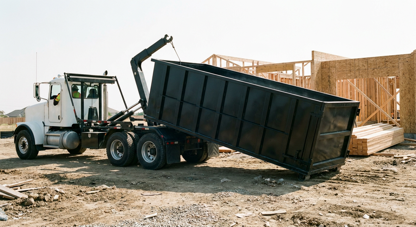 Matte-black roll-off dumpster being delivered onto a clean residential concrete driveway in Dover by an unmarked white hooklift hauler truck, bright morning daylight, documentary 35mm perspective.